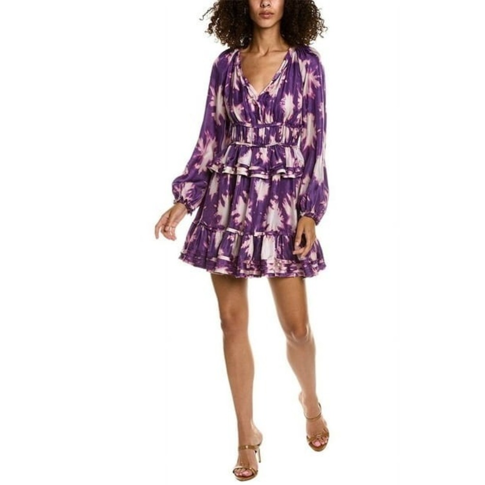 Ulla Johnson Emery Silk Mini Dress Tiered Blouson Sleeve Flowy Size 0 Purple